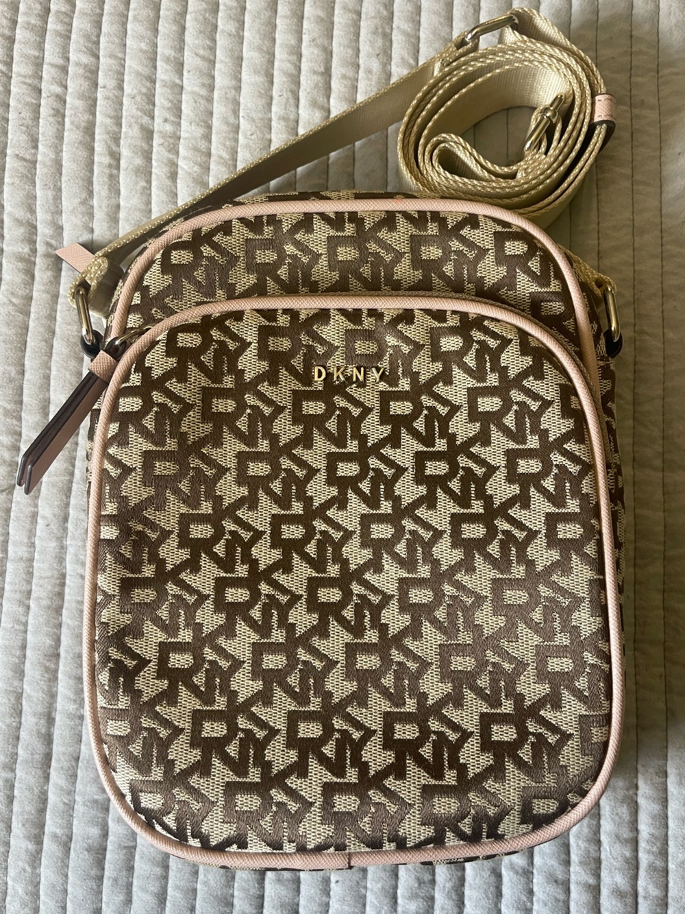 DKNY Brown Logo-Print Crossbody Bag with Pink Trim